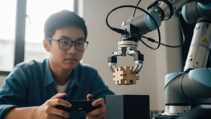 Teenager controlling robot arm assembling puzzle