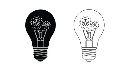 Two lightbulbs with internal gears one filled one outlined