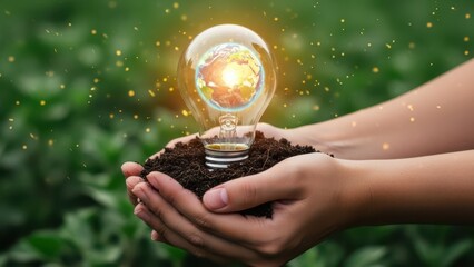 Hands Holding Lightbulb with Earth inside Green Field