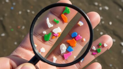 Hand Magnifying Microplastics Pollution