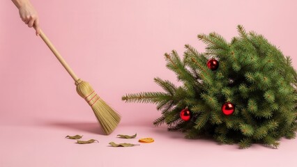 Broom Sweeping Christmas Tree Needles