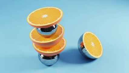 Oranges Disco Balls Blue Background
