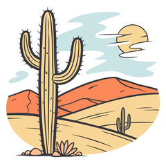 Desert landscape with cactus and sunset