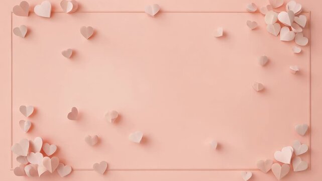 Appearing paper heart cutouts settling on pale-pink panel with embossed border, creating frame