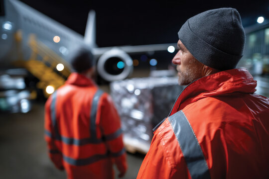 Two airport workers are seen strategically transporting cargo near an airplane, showcasing the diligence and precision required in handling valuable shipments after arrival.