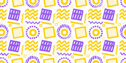 A repeating pattern of geometric shapes in purple and yellow tones
