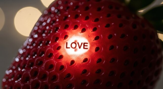 Close-Up Image of a Strawberry with Light Emitting the Word Love on Its Surface