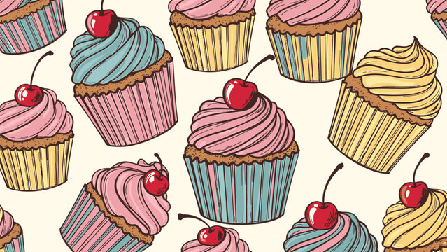Colorful cupcakes with cherry toppings on cream background pattern