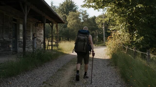 Stepping off porch, senior backpacker in tank top and shorts walking toward sunny bend with stick