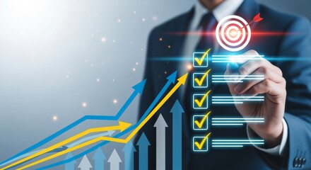 Businessman touching digital checklist with target goal icon and upward growth arrow, corporate strategy success concept and business performance achievement planning progress interface.