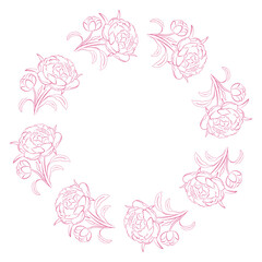 Peony spring flower wreath in a line art style. Perfect for botanical design, greeting card, textile and spring art isolated on white background.