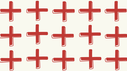 Fototapeta premium Red plus signs arranged in rows on cream background symbolizing addition or medical icons