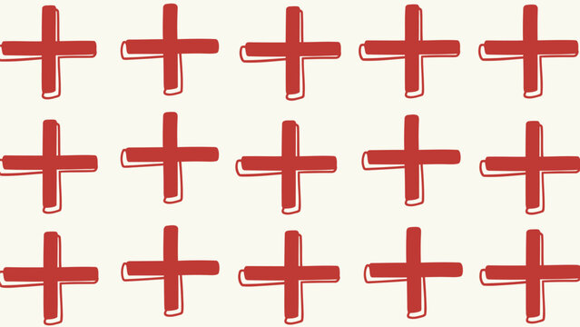 Red plus signs arranged in rows on cream background symbolizing addition or medical icons