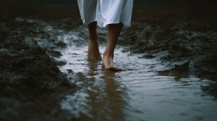 Fototapeta premium Person's bare feet walking through a puddle of water. the person is wearing a white dress that is flowing in the water, and their legs are visible in the foreground.