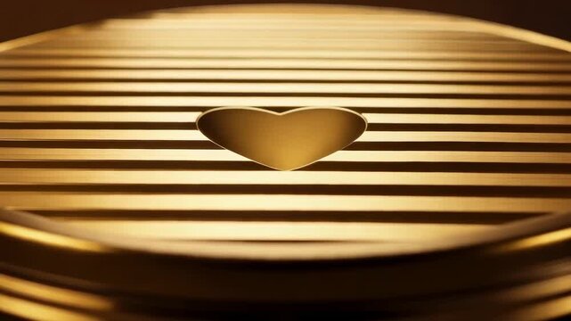 Moving camera in studio, centering on golden grooved disc heart, emphasizing warm specular glow
