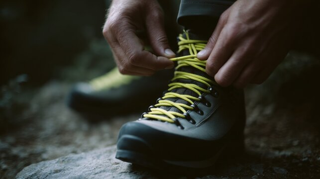 Pair of hands tying yellow shoelaces on a gray hiking boot.