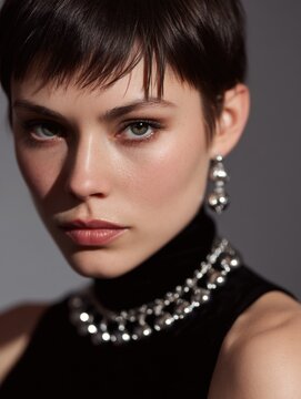 Close-up portrait of a young woman's face. she has short, dark hair styled in a pixie cut with bangs framing her face. her eyes are looking directly at the camera with a serious expression.