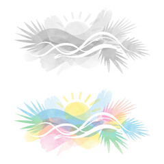 Obraz premium Watercolor Tropical Sun Waves and Palm Leaves Vector Graphic
