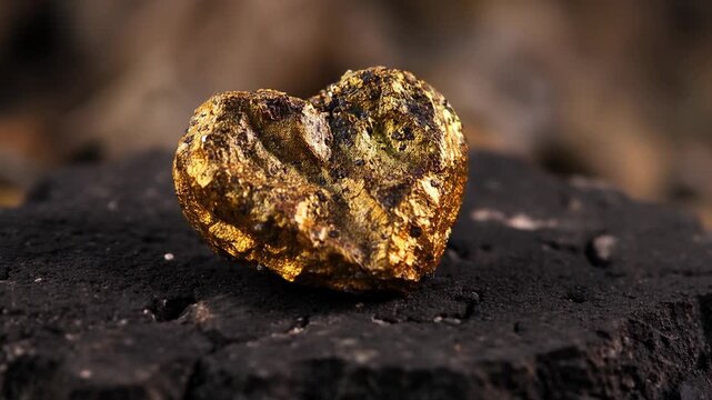 Pulling focus camera revealing heart-shaped gold nugget on cracked rock, studio highlighting luster