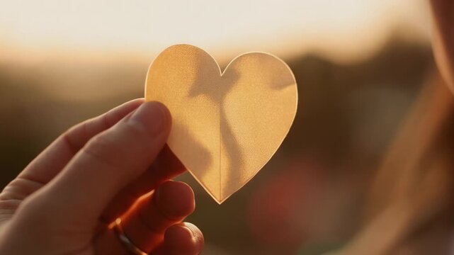 Holding adult hand wearing ring presenting folded heart at sunset, sunlight showing crease shadows