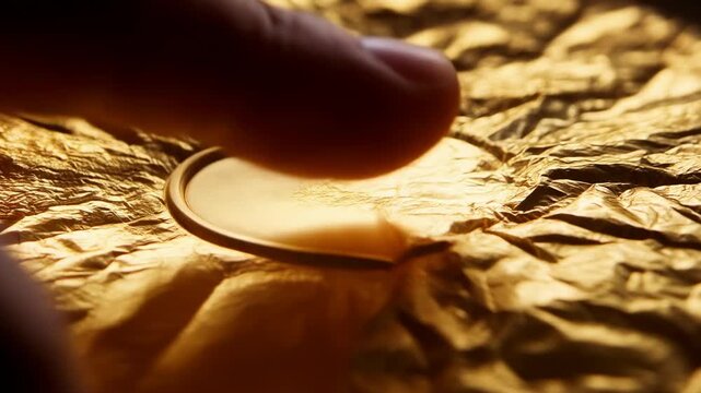 Pressing adult hand after fingertip press smoothing crinkled gold foil at table, revealing coin rim