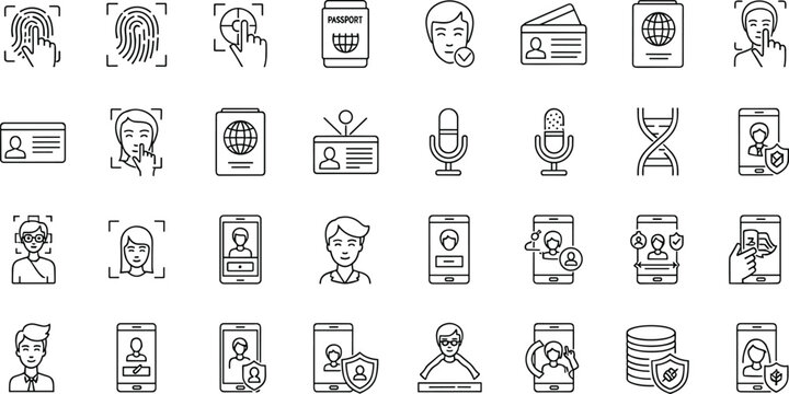 Digital identity verification and biometric security vector icon set featuring fingerprint, face recognition, ID cards, and authentication symbols