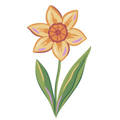 Obraz premium Single spring daffodil flower in playful hand drawn style. Soft pastel floral illustration for seasonal design