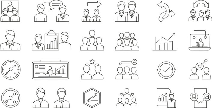 Business leadership and human resources line icon set illustrating management, teamwork, hiring, analytics, communication, and professional corporate roles