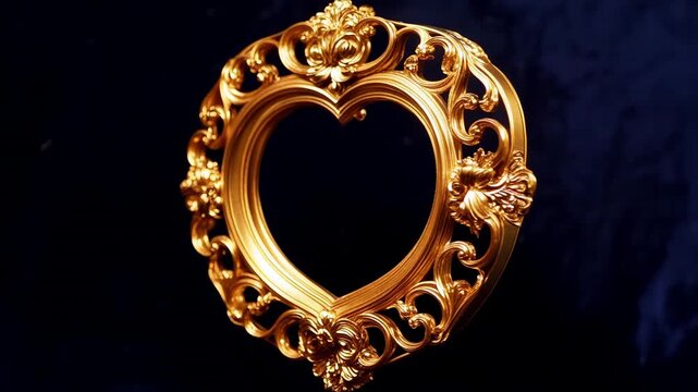 Rotating ornate heart-shaped gold frame after shot start, revealing floral relief on navy backdrop