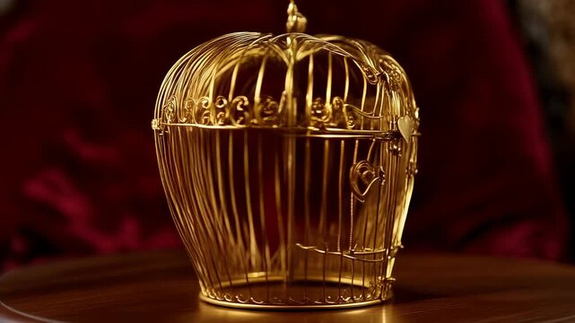 Rotating gold heart cage on turntable revealing scrollwork and padlock on wood table, warm lighting