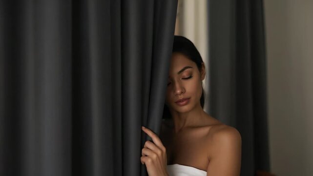 Pulling dark gray curtain, woman revealing shoulder while posing in studio, wearing strapless white