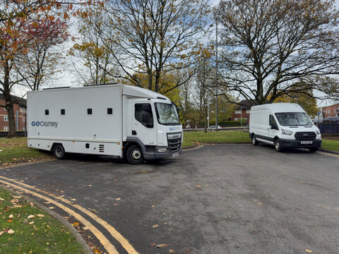 Newcastle-under-Lyme, Staffordshire-united kingdom March, 09, 2025 A white Daf prisoner transport vehicle with the logo GEOamey, crime and justice concept
