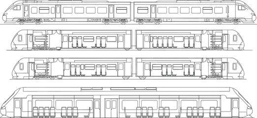 Black and white vector line art illustration of modern passenger trains and subway cars showing exterior profiles and interior seating for public transport © SHAUN