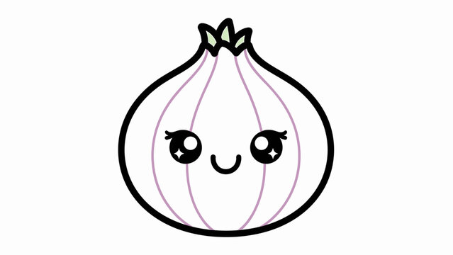 A cartoon onion character with a smiling face is illustrated in a simple black outline against a plain background from a front viewpoint.
