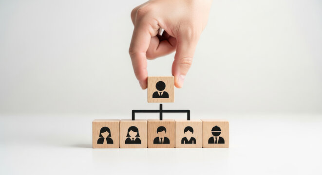 Hand placing a wooden block with a person's silhouette on a hierarchy chart.