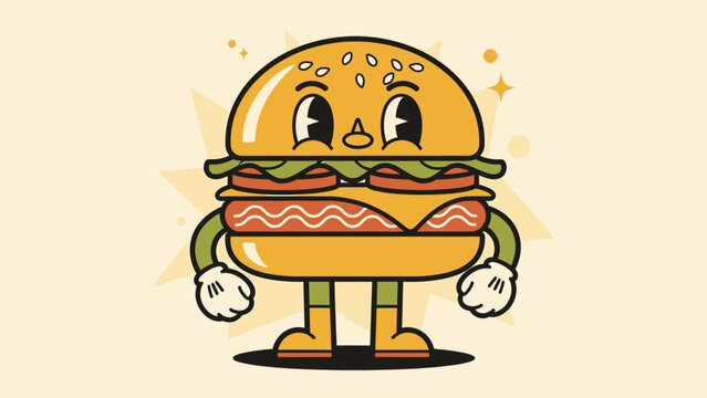 A cartoon character burger with a smiling face standing on a plain background viewed from the front