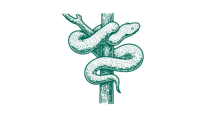 Green vintage hand-drawn illustration of a snake coiling around a staff or tree branch. Engraving style serpent on white.