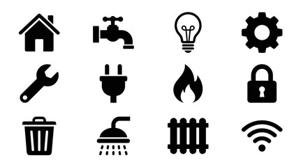 A collection of black flat icons representing various home services such as plumbing electrical repair heating waste management and wireless connectivity