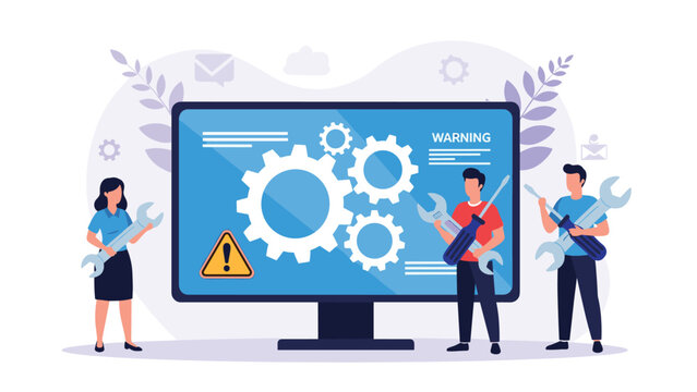 Technical support team works with tools around a large monitor displaying system warnings and various mechanical gears.