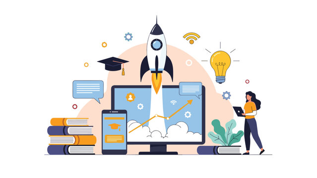 Startup development concept shows a rocket launching from a computer screen surrounded by various educational icons.