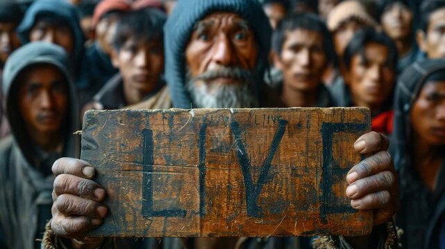 The poor man holds a sign to live.