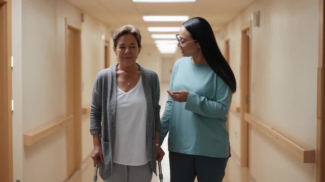 Offering verbal cues, adult caregiver guiding senior woman using walker down care corridor, glasses