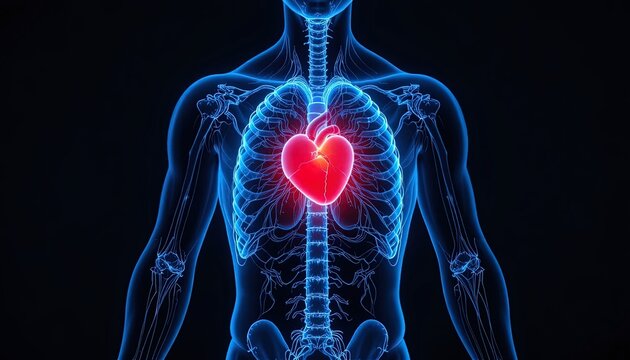 Glowing red heart in transparent human body with blue skeleton