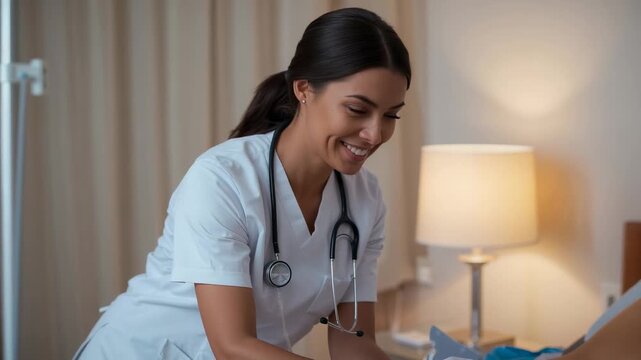 Leaning nurse in scrubs, steth adjusting sheets bedside, patient meeting gaze, smiling, reassuring