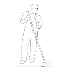One continuous line drawing on white isolated background. Minimalism linear illustration. person, man, cleaning, floor, clean, mop, cleaner, hygiene, washing, male