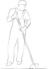 One continuous line drawing on white isolated background. Minimalism linear illustration. person, man, cleaning, floor, clean, mop, cleaner, hygiene, washing, male