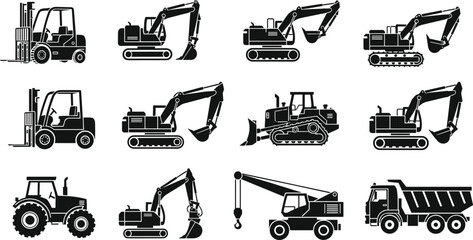 Black silhouette construction machinery set with excavators, forklifts, bulldozer, crane, tractor and dump truck icons isolated on white background for industrial heavy equipment vector design © Ahahila