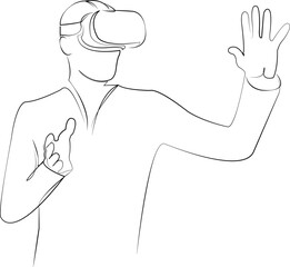 One continuous line drawing on white isolated background. Minimalism linear illustration. goggles, person, man, virtual, reality, headset, technology, digital, innovation, tech