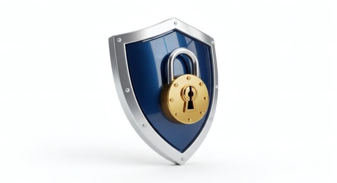 A symbolic representation of security and protection featuring a shield with a padlock, exuding strength and safeguarding of sensitive information.