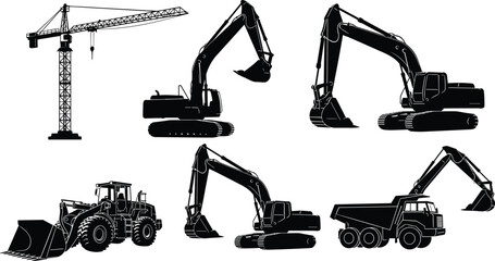 Collection of construction heavy machinery silhouettes featuring tower crane hydraulic excavators wheel loader and dump truck for building site industrial project engineering and architectural design © Ahahila